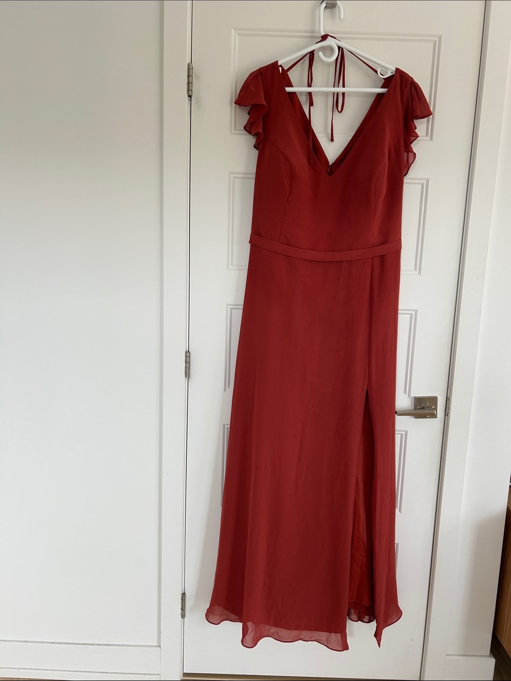 Azazie Brick Red V‑Neck Maxi Dress with Side Slit, « Yoko » Bridemade Dress